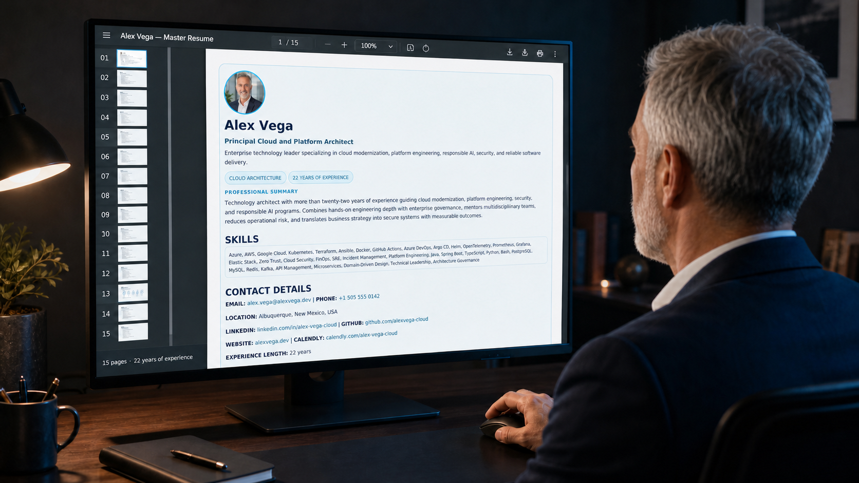 El profesional revisando su CV maestro completo de 15 páginas