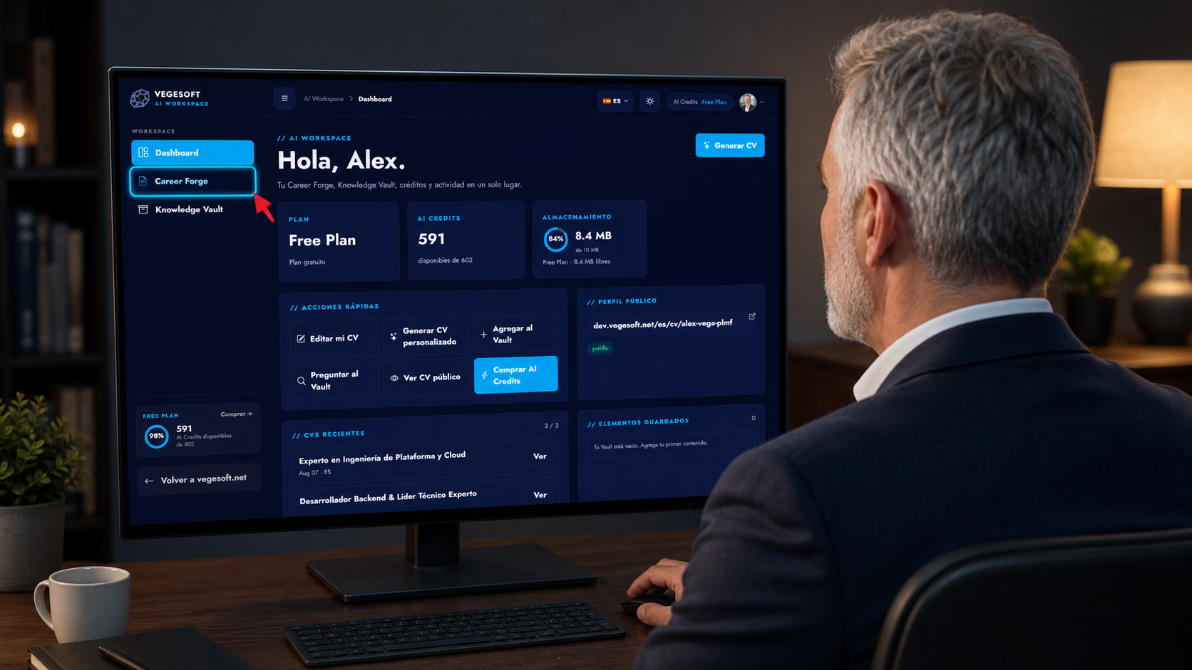 El profesional en el dashboard de AI Workspace con Career Forge resaltado