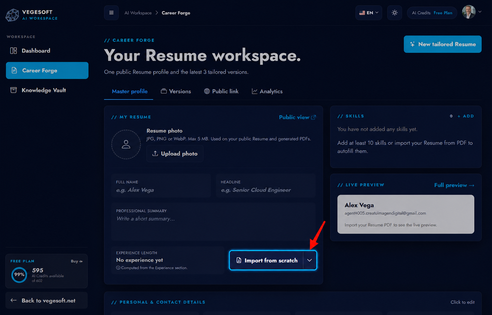 Perfil vacío de Career Forge con Import from scratch resaltado
