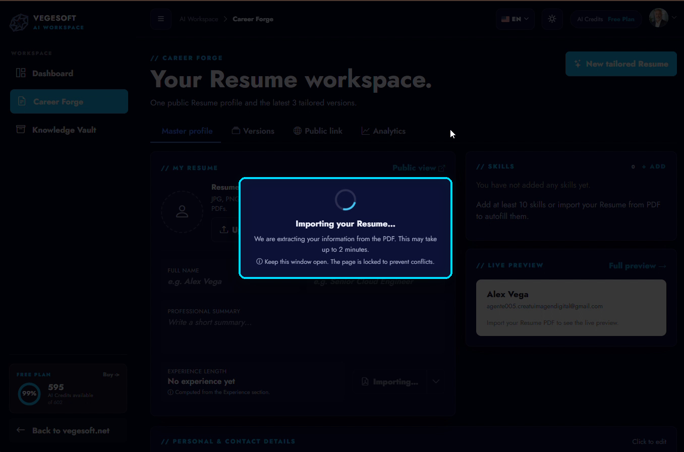 Career Forge procesando el CV seleccionado