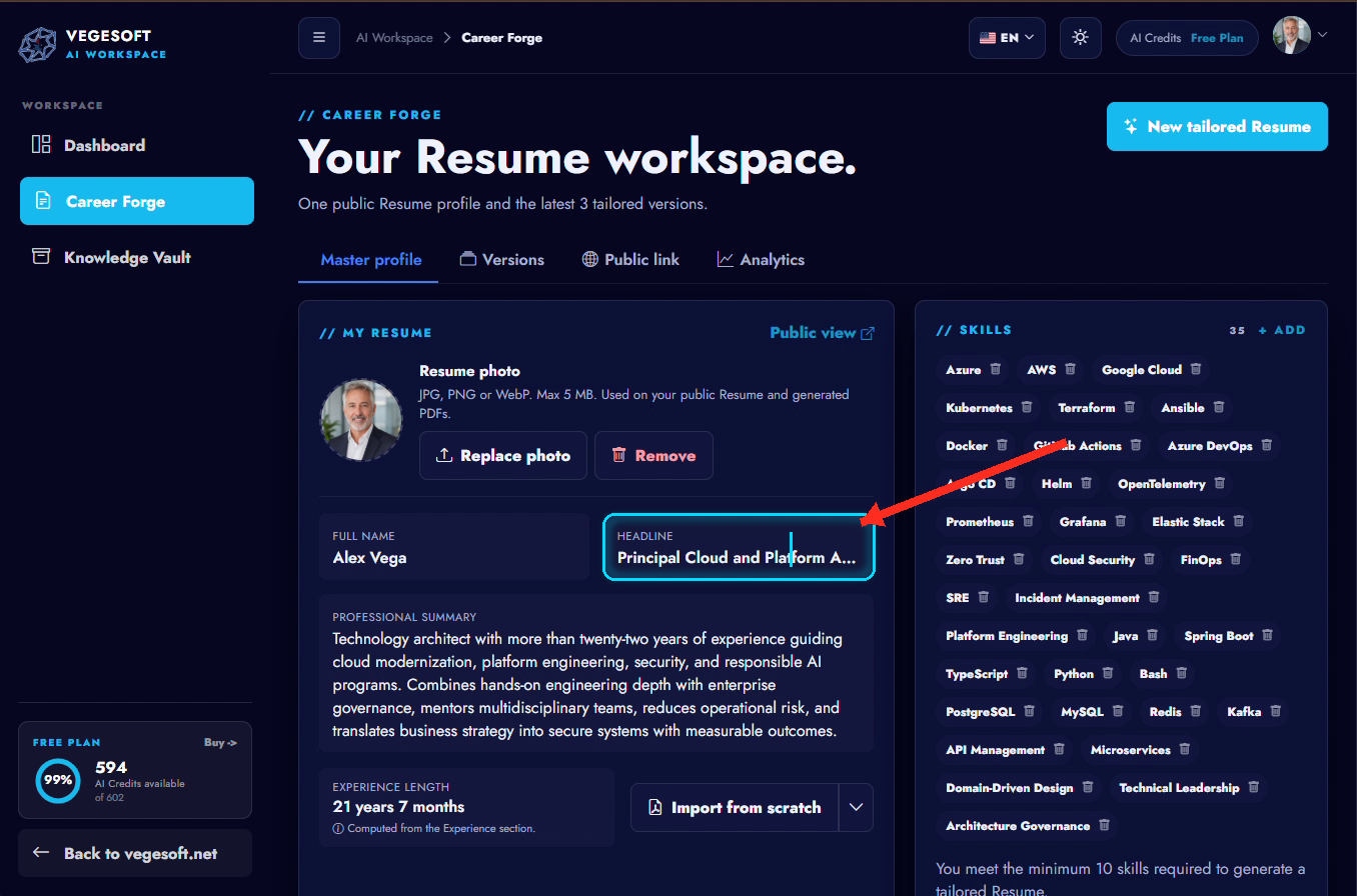 El profesional editando un campo importado de Career Forge