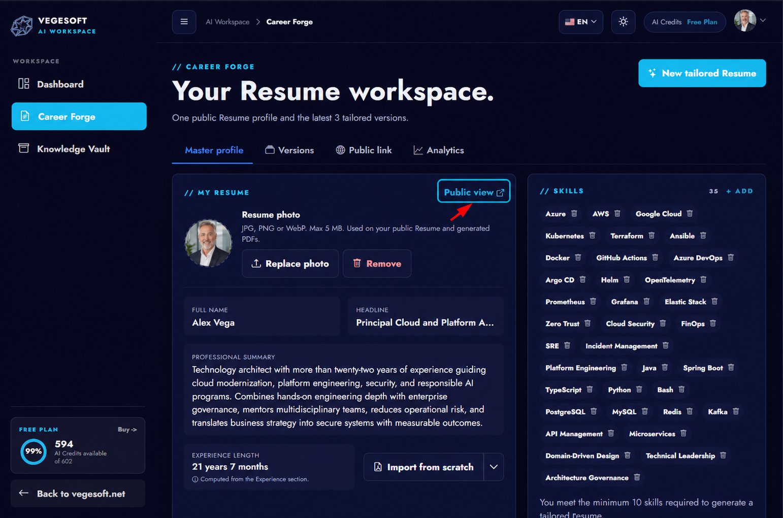 Acción Vista pública resaltada en el perfil importado de Career Forge