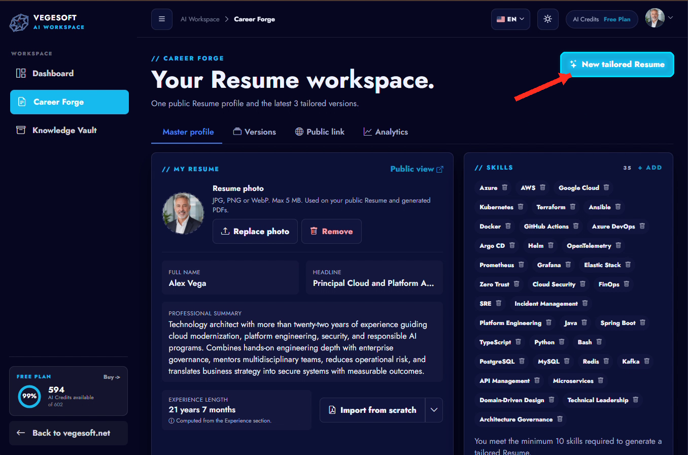 Acción Nuevo CV personalizado resaltada en Career Forge