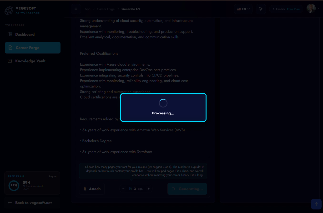 Career Forge generando el CV personalizado