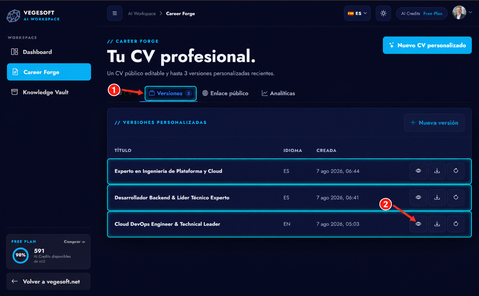 Tres versiones de CV guardadas y sus acciones