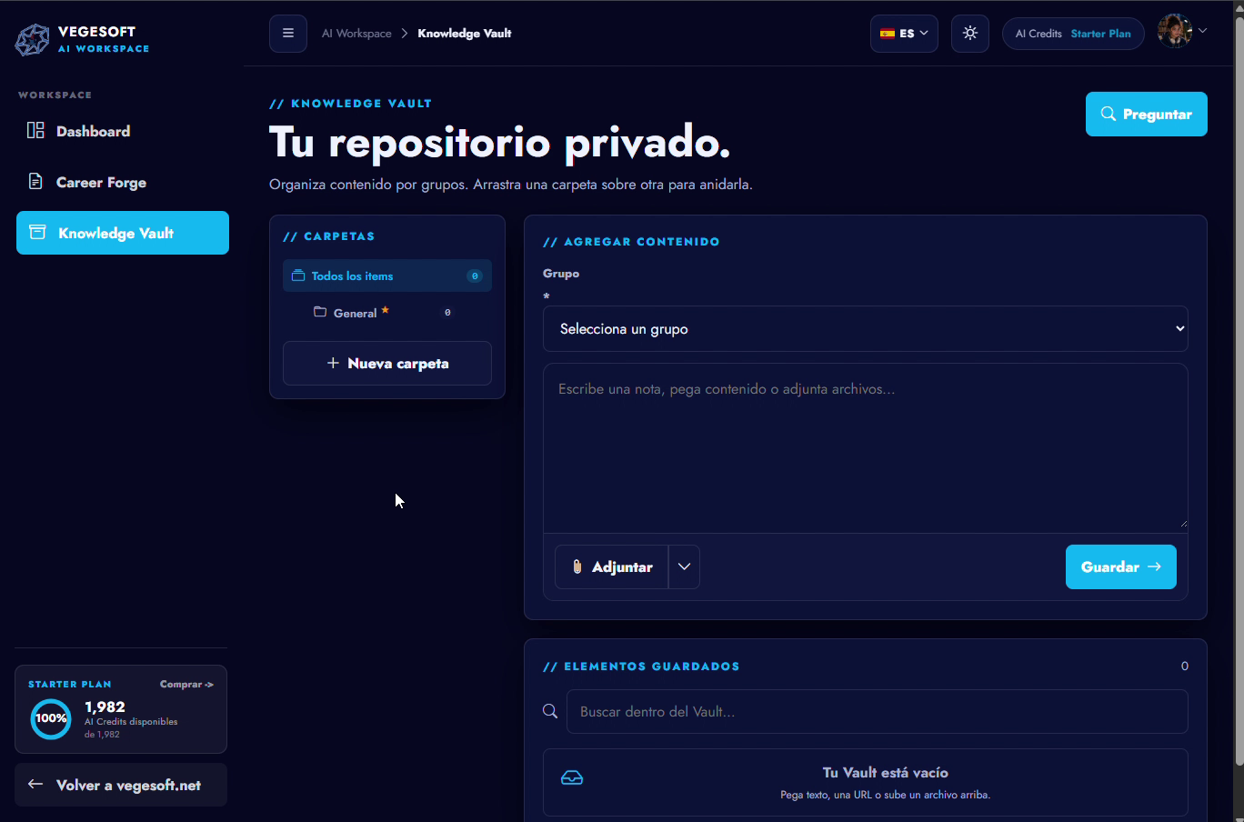 El módulo Knowledge Vault muestra sus áreas de administración de contenido y Ask Vault.
