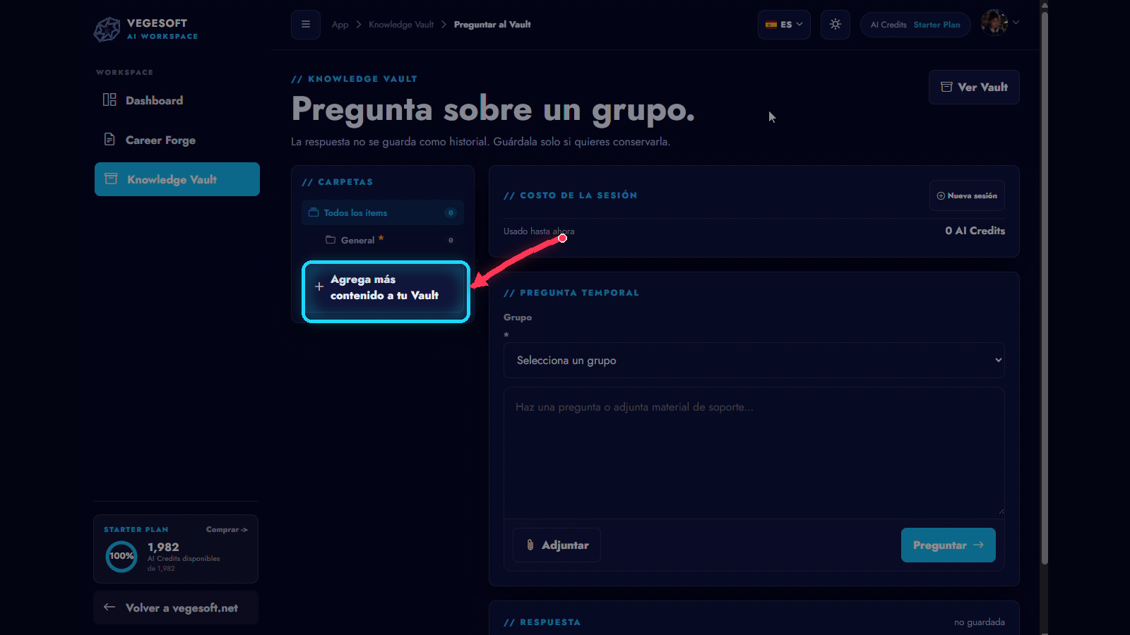 Knowledge Vault listo para agregar contenido a la carpeta predeterminada o abrir Administración.
