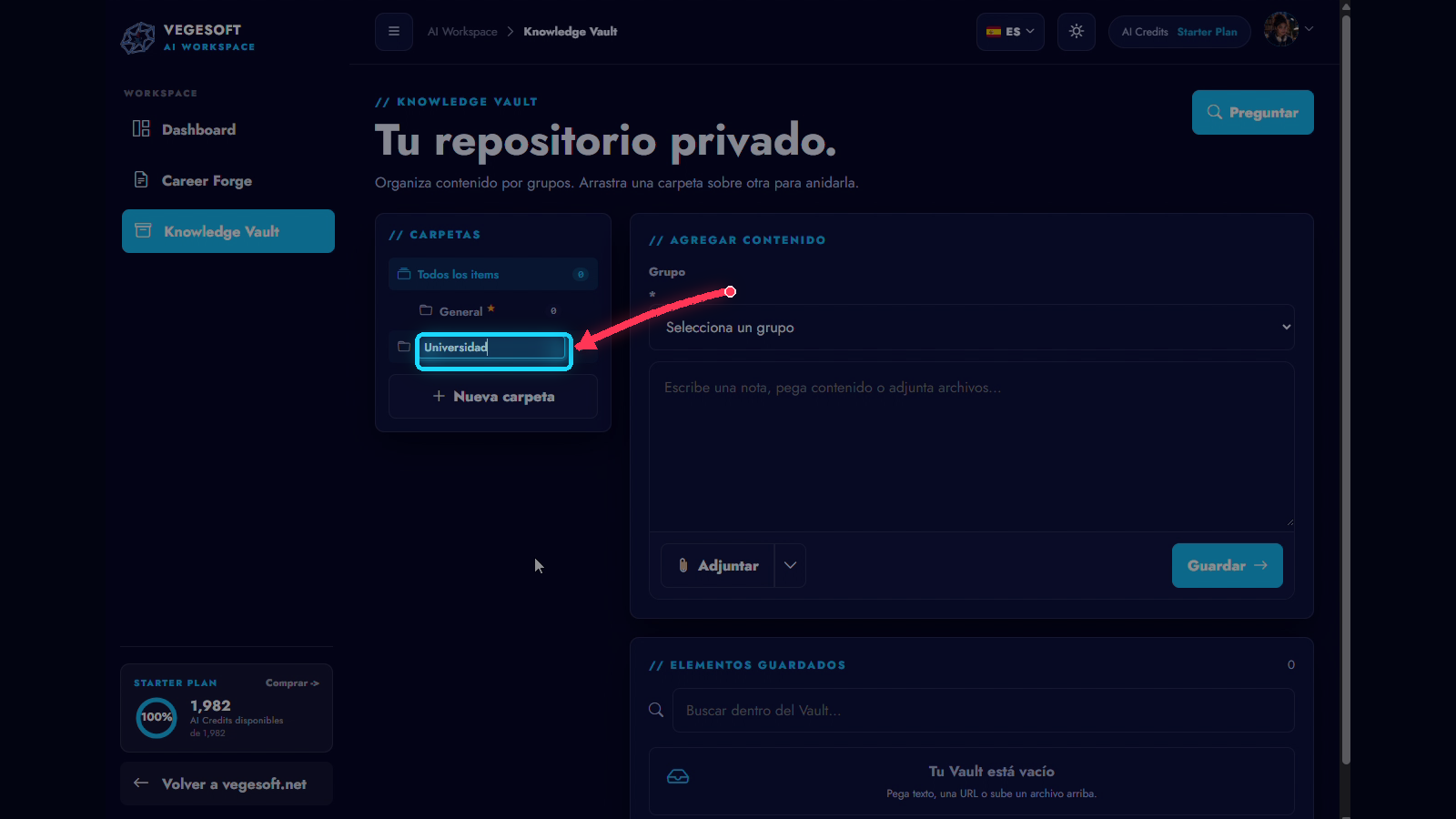 La interfaz real del Vault mientras se crean carpetas y subcarpetas anidadas.