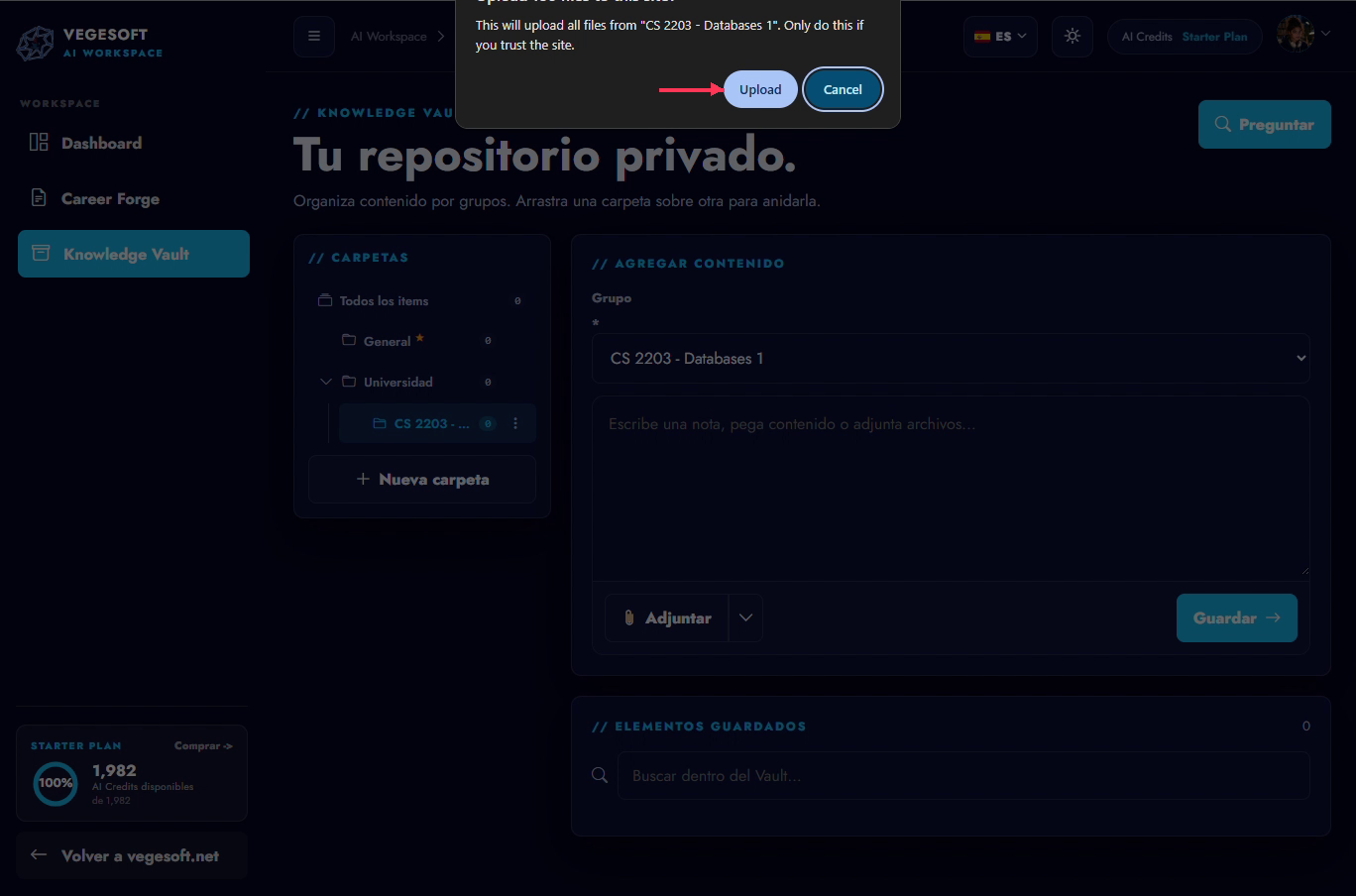 La confirmación del navegador para cargar la carpeta seleccionada.