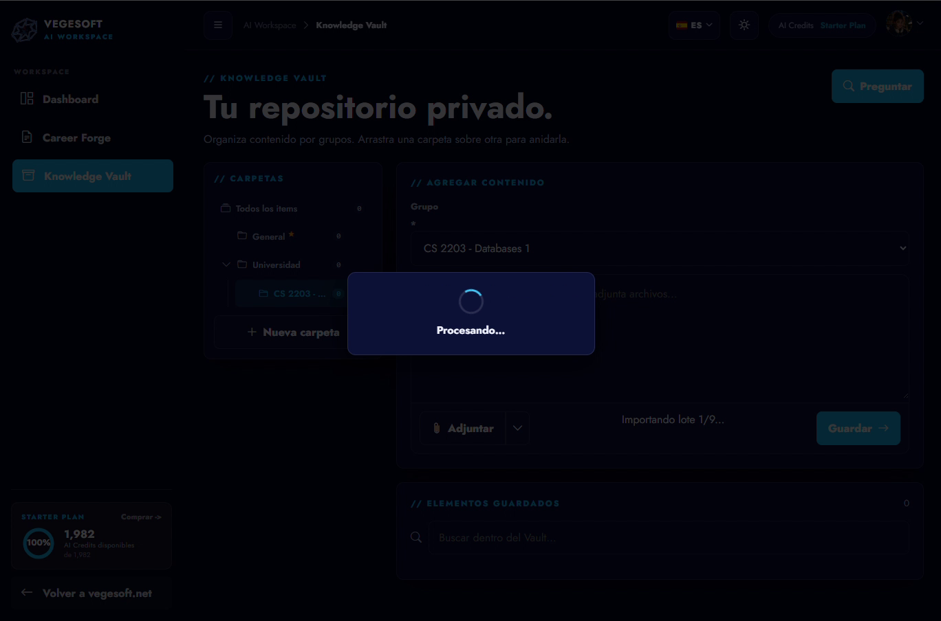 El progreso real de importación en Knowledge Vault mientras se procesa el material seleccionado.