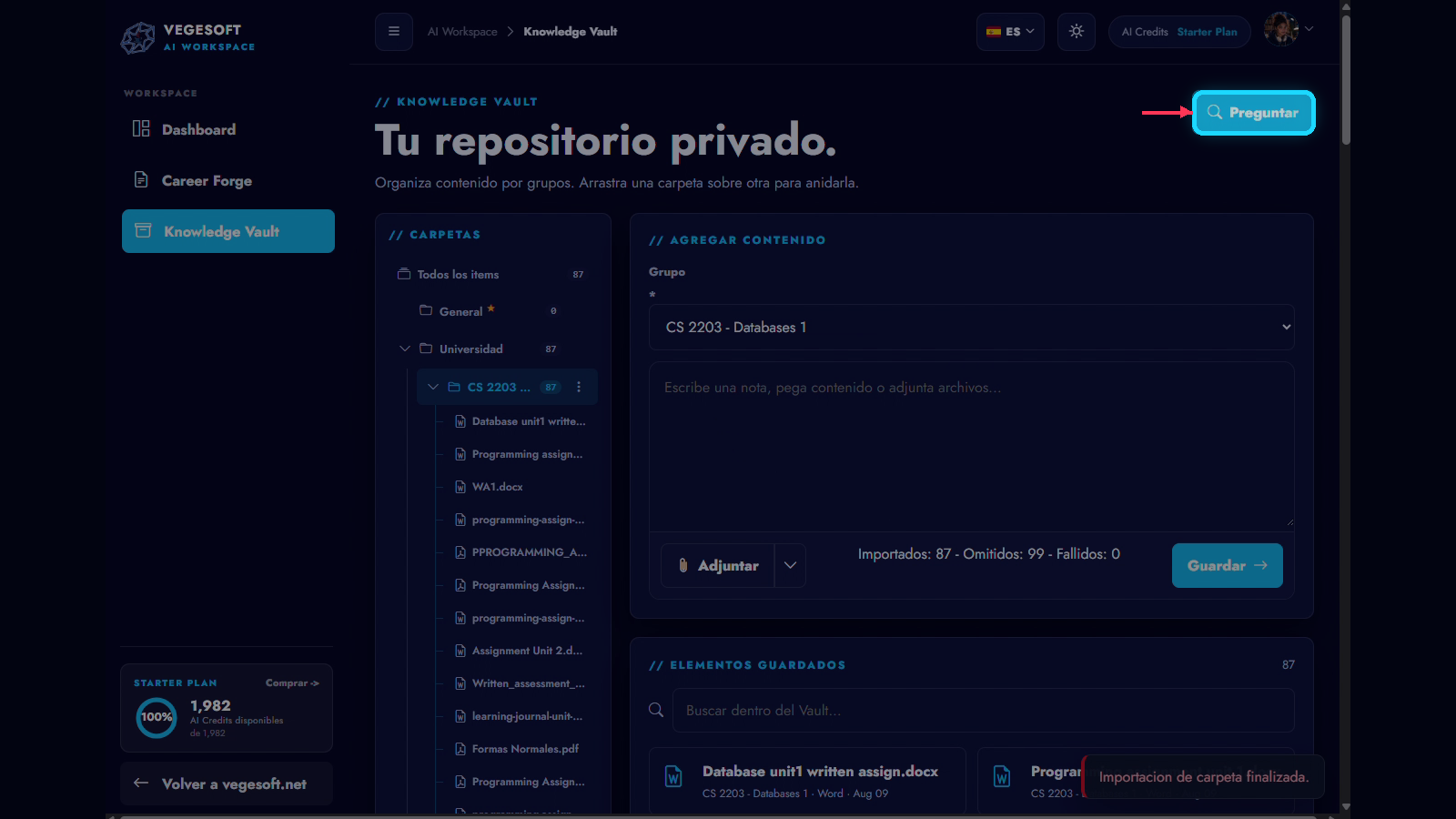 La navegación real de Knowledge Vault con la acción Preguntar identificada.