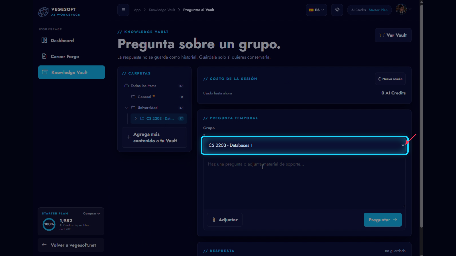 Ask Vault con una carpeta seleccionada como contexto de la pregunta.