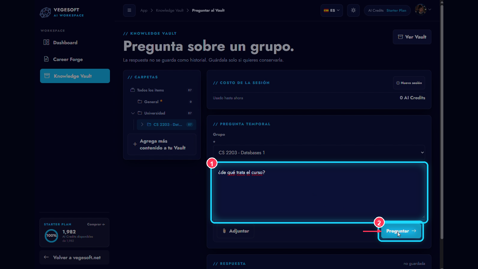 Una pregunta en lenguaje natural escrita en Ask Vault con la acción de envío identificada.