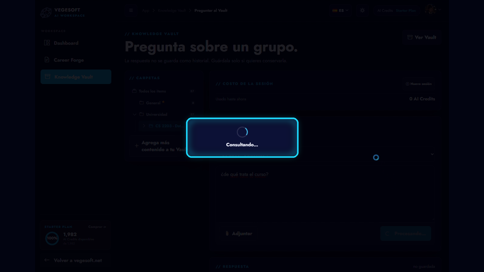 Ask Vault consulta el material guardado dentro del contexto seleccionado.