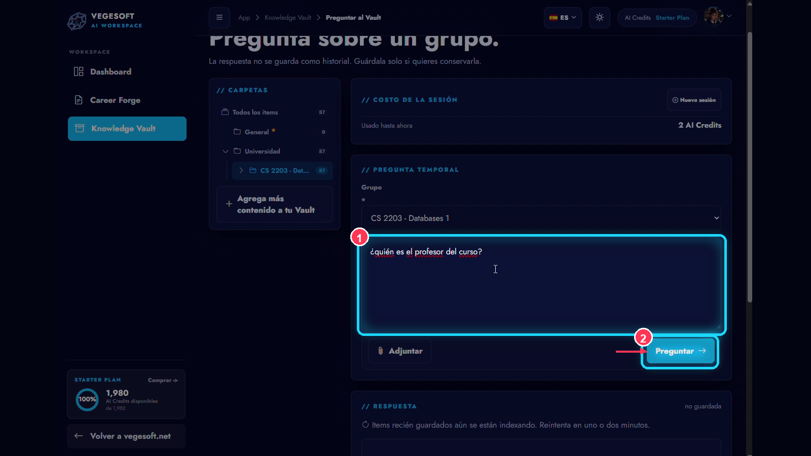 Una pregunta sobre información no disponible seguida por Ask Vault indicando que no aparece en las fuentes guardadas.
